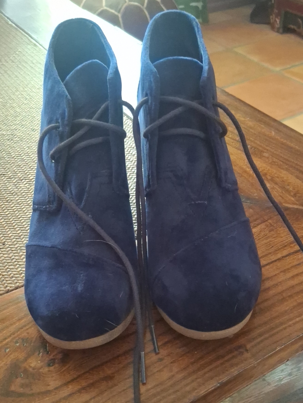 Tom's Blue  Suede Lace-Up Ankle Wedges
